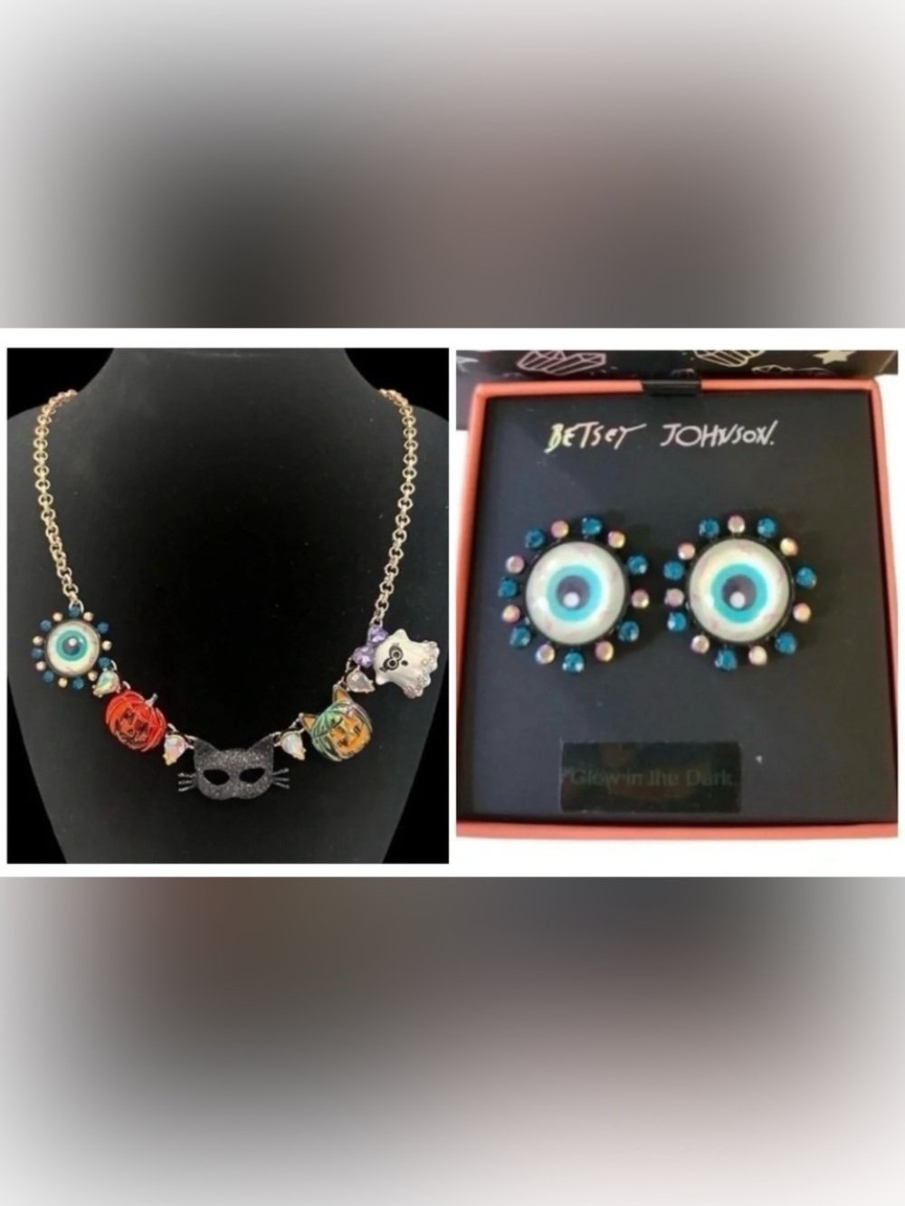 BETSEY JOHNSON SET Halloween Glow in Dark Charm Necklace & Eye Earrings NEW NWT